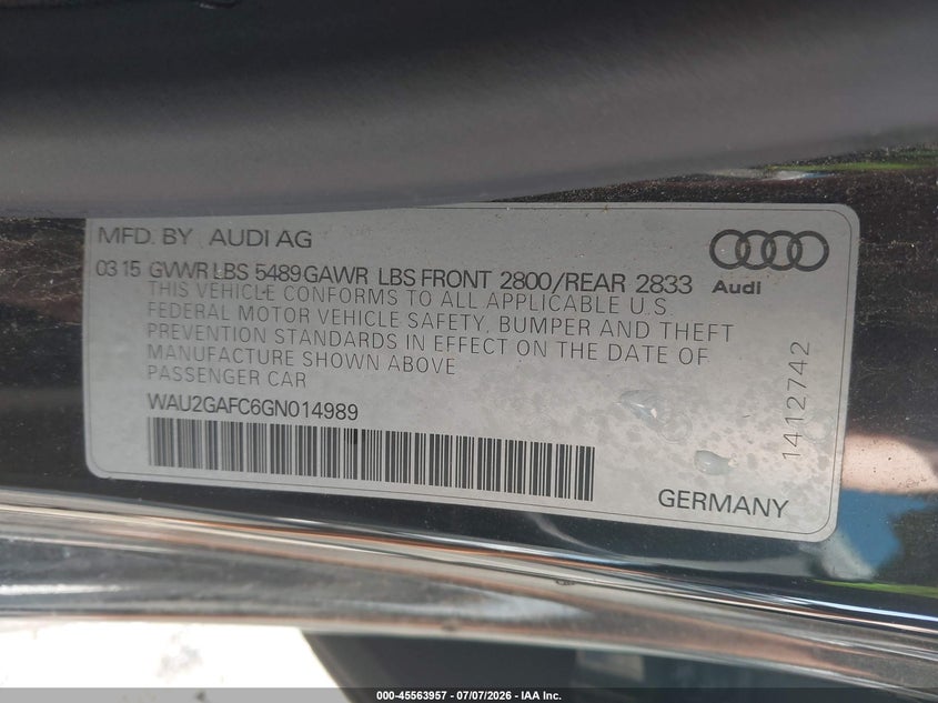 2016 Audi A7 3.0 Prestige VIN: WAU2GAFC6GN014989 Lot: 45563957