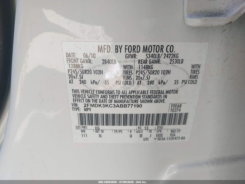 2010 Ford Edge Limited VIN: 2FMDK3KC3ABB77190 Lot: 45563959