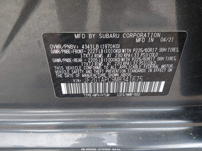 2021 Subaru Crosstrek Premium VIN: JF2GTAPC9M8341675 Lot: 45563980
