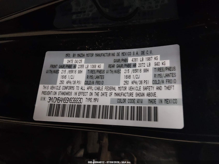 2025 Mazda Cx-30 2.5 S VIN: 3MVDMBAM8SM838830 Lot: 45564012