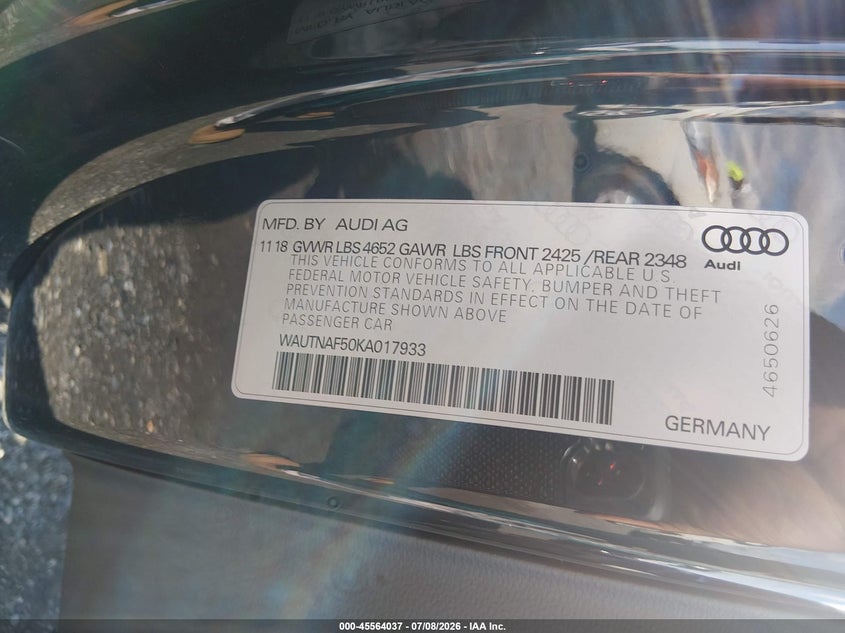 2019 Audi A5 45 Premium VIN: WAUTNAF50KA017933 Lot: 45564037