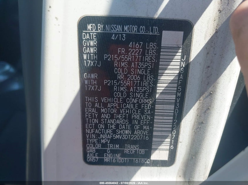 2013 Nissan Juke Sv VIN: JN8AF5MV3DT220716 Lot: 45564042