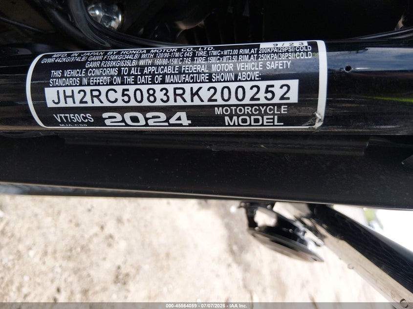 2024 Honda Vt750 Cs VIN: JH2RC5083RK200252 Lot: 45564059