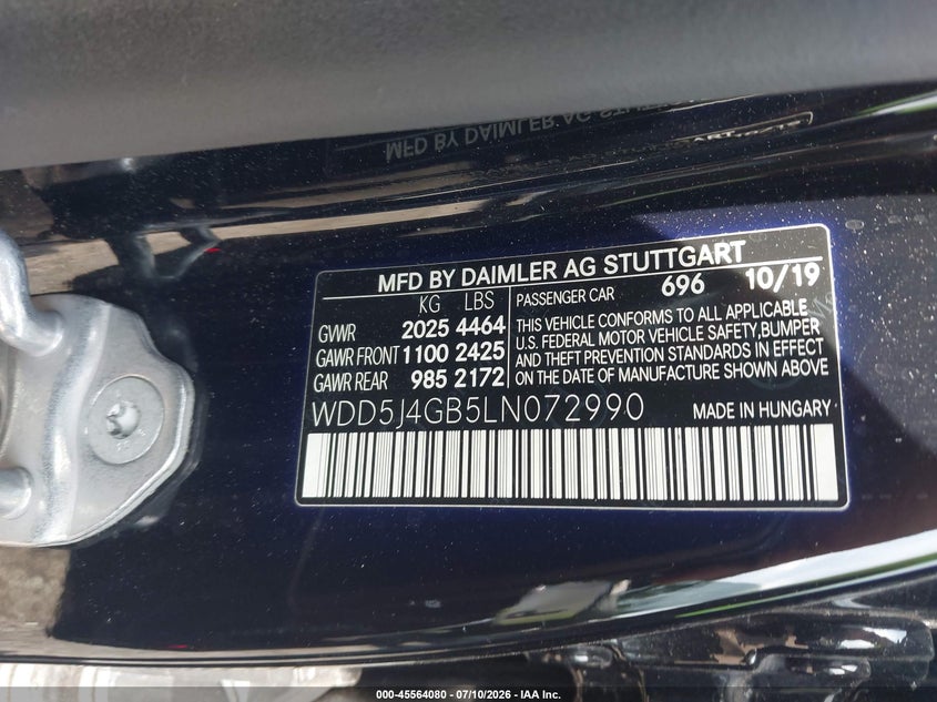 2020 Mercedes-Benz Cla 250 VIN: WDD5J4GB5LN072990 Lot: 45564080