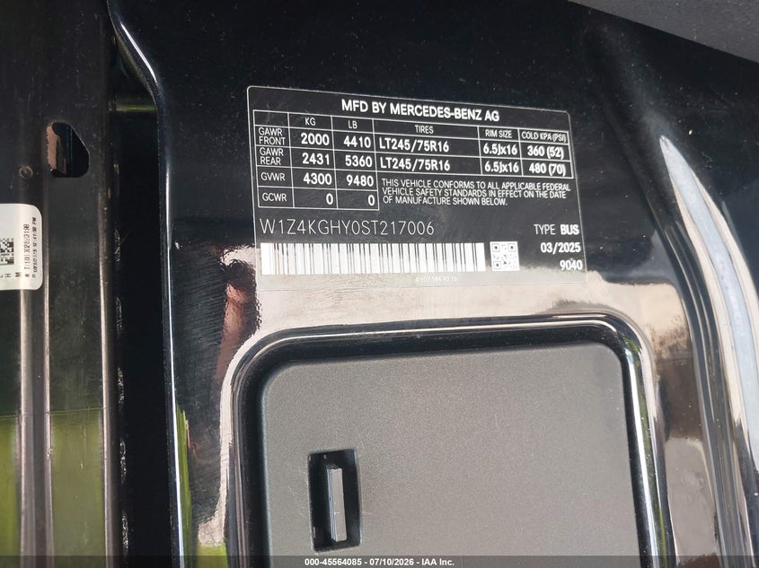 2025 Mercedes-Benz Sprinter 2500 High Roof 4-Cyl Diesel VIN: W1Z4KGHY0ST217006 Lot: 45564085