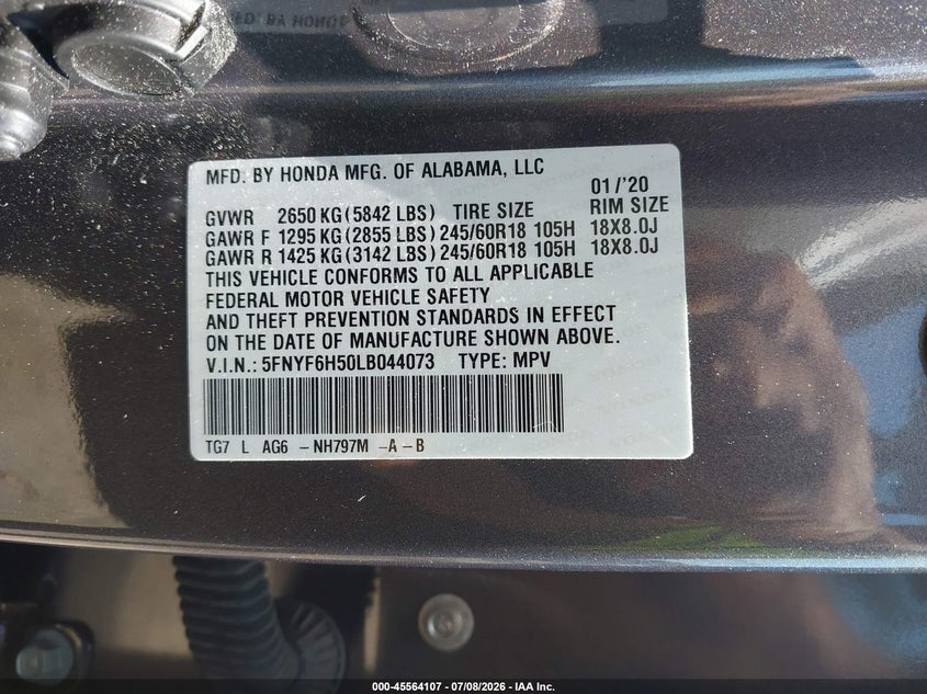2020 Honda Pilot Awd Ex-L VIN: 5FNYF6H50LB044073 Lot: 45564107