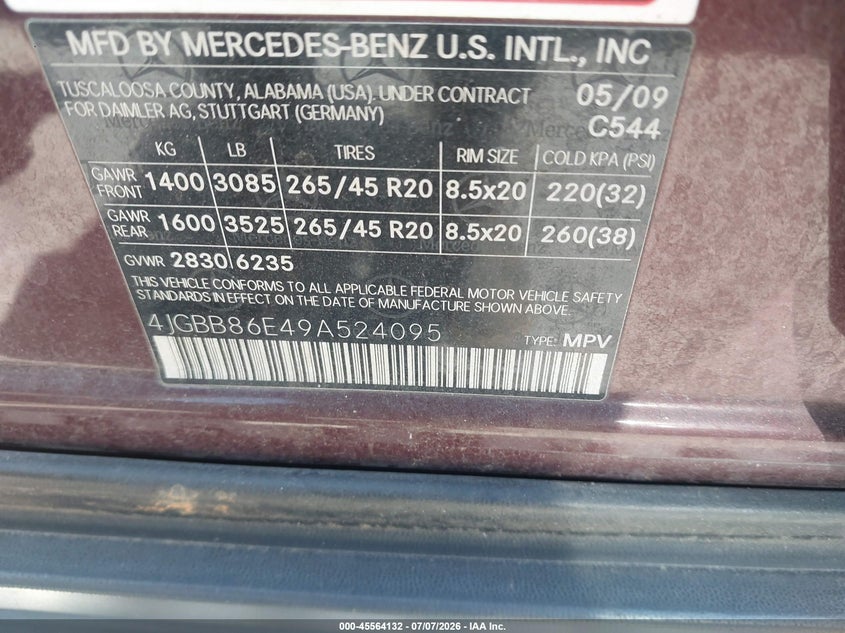2009 Mercedes-Benz Ml 350 4Matic VIN: 4JGBB86E49A524095 Lot: 45564132