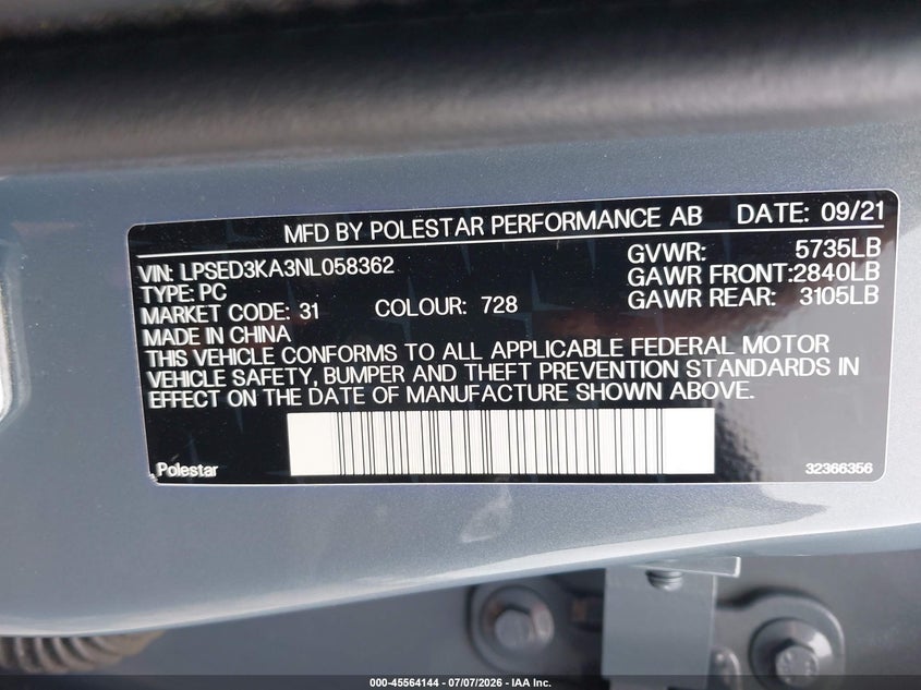 2022 Polestar 2 Long Range Dual Motor VIN: LPSED3KA3NL058362 Lot: 45564144