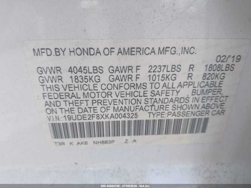 2019 Acura Ilx Premium A-Spec Packages/Technology A-Spec Packages VIN: 19UDE2F8XKA004325 Lot: 45564156