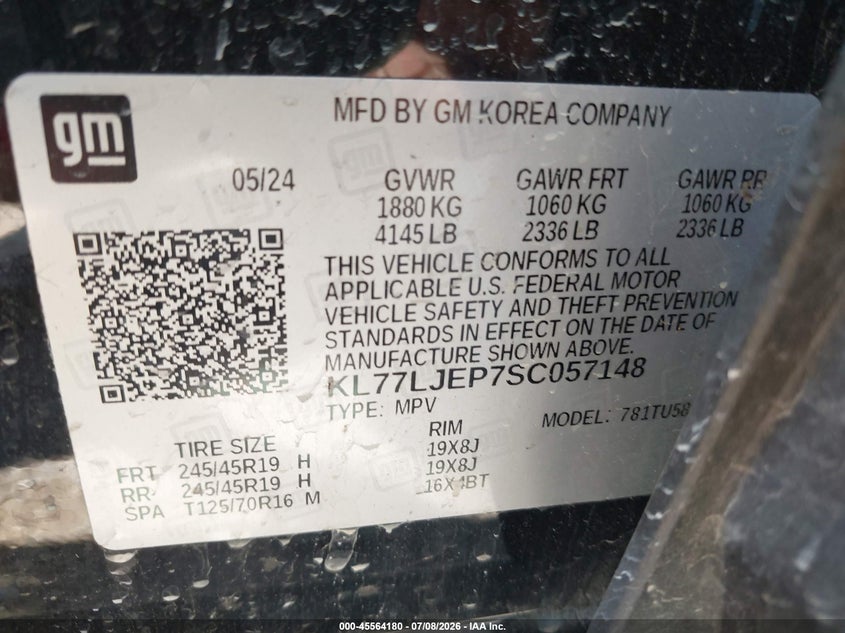 2025 Chevrolet Trax Fwd 2Rs VIN: KL77LJEP7SC057148 Lot: 45564180