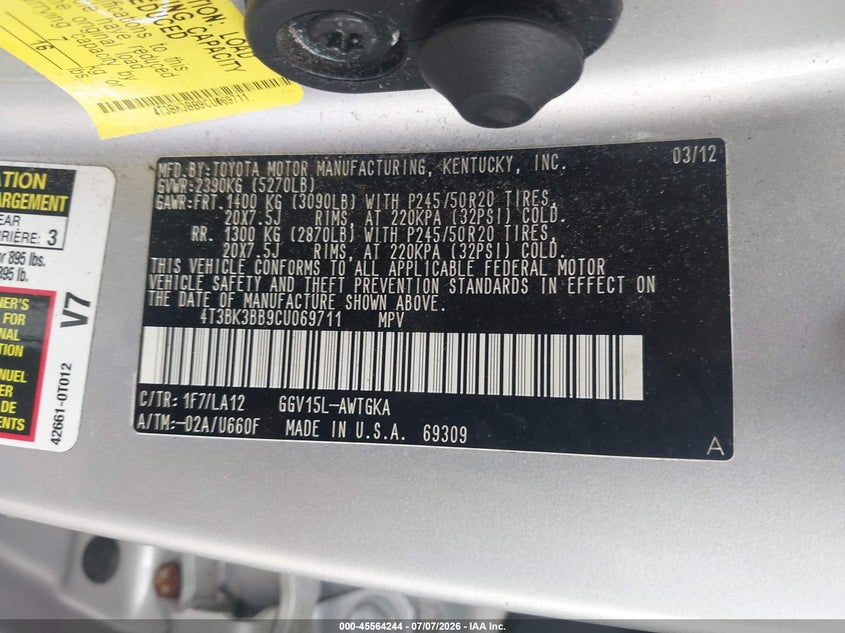 TOYOTA VENZA 2012 VIN 4T3BK3BB9CU069711