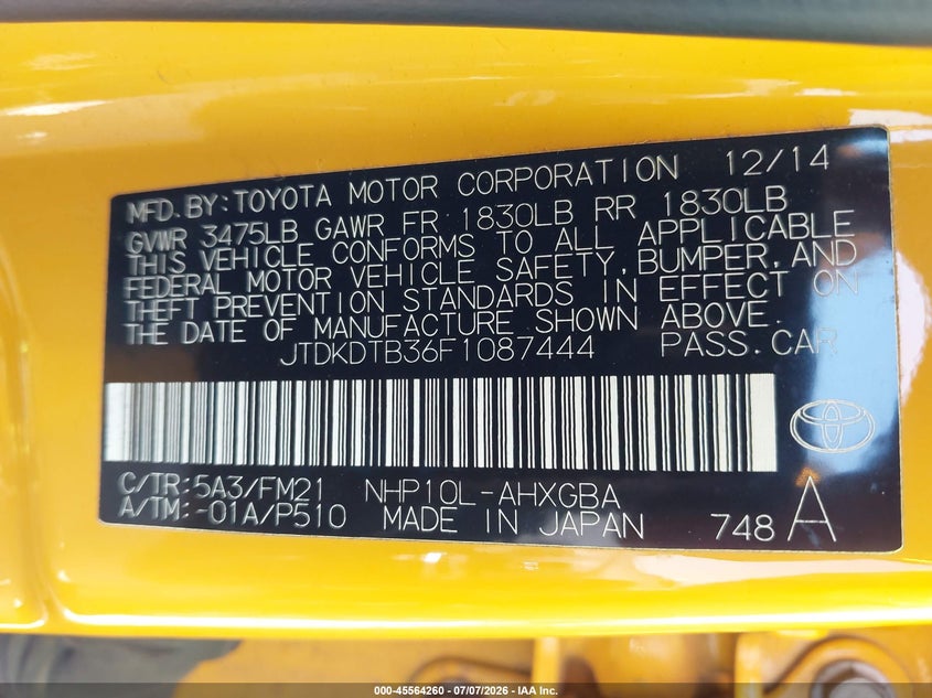 2015 Toyota Prius C Three VIN: JTDKDTB36F1087444 Lot: 45564260