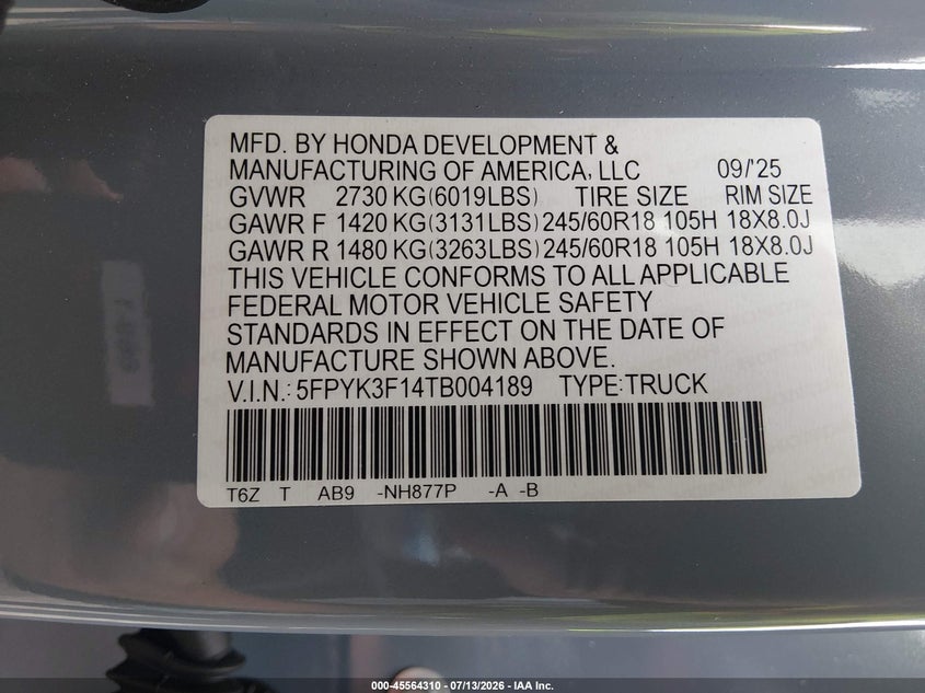 2026 Honda Ridgeline Sport VIN: 5FPYK3F14TB004189 Lot: 45564310