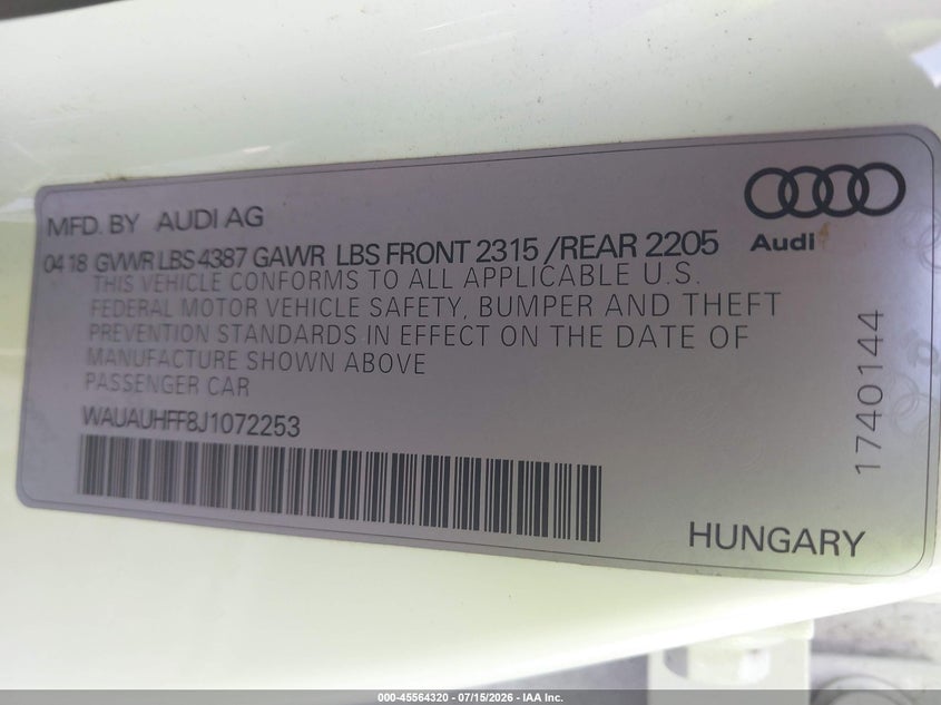 2018 Audi A3 2.0T Premium/2.0T Tech Premium VIN: WAUAUHFF8J1072253 Lot: 45564320