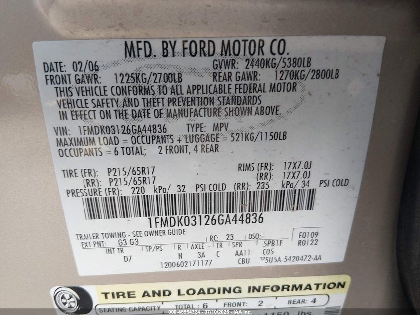 2006 Ford Freestyle Limited VIN: 1FMDK03126GA44836 Lot: 45564324