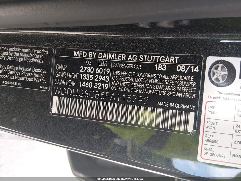 2015 Mercedes-Benz S 550 VIN: WDDUG8CB5FA115792 Lot: 45564326
