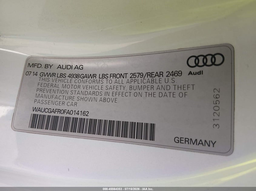 2015 Audi S5 3.0T Premium Plus VIN: WAUCGAFR0FA014162 Lot: 45564353