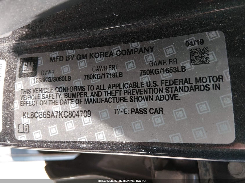 2019 Chevrolet Spark Ls Cvt VIN: KL8CB6SA7KC804709 Lot: 45564435