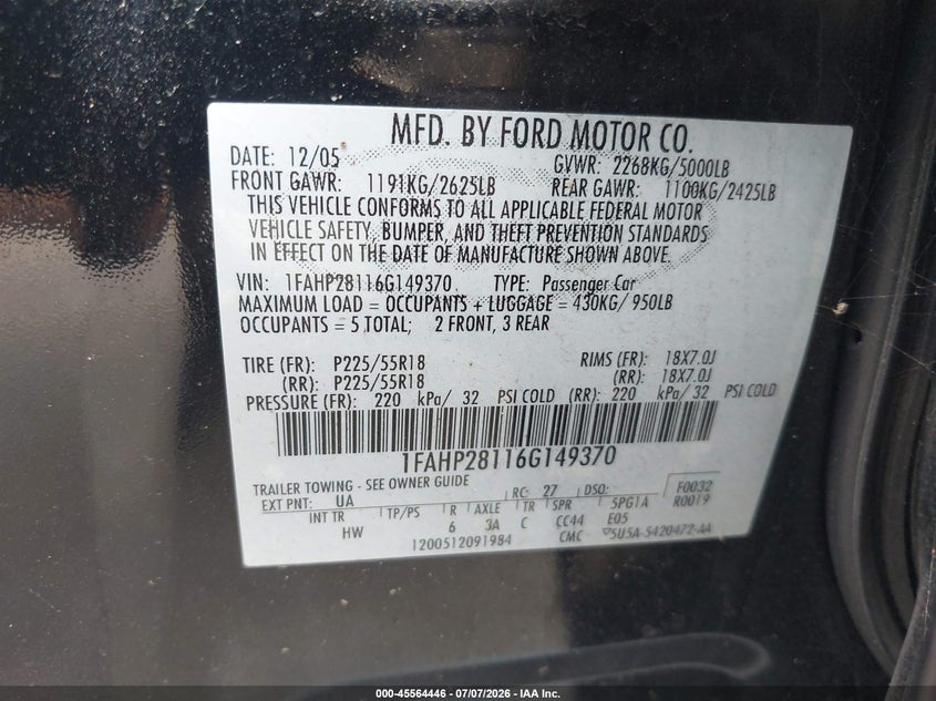 2006 Ford Five Hundred Limited VIN: 1FAHP28116G149370 Lot: 45564446