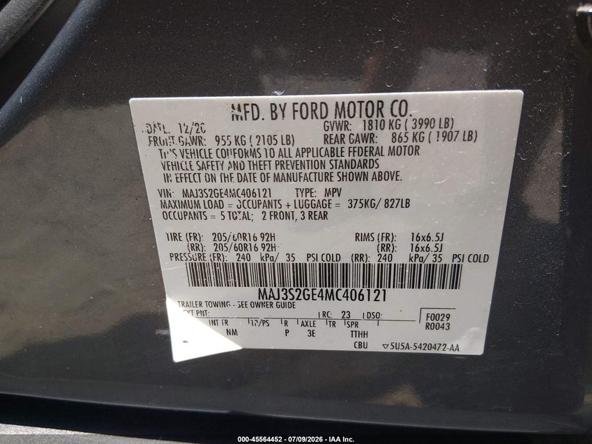 2021 Ford Ecosport Se VIN: MAJ3S2GE4MC406121 Lot: 45564452