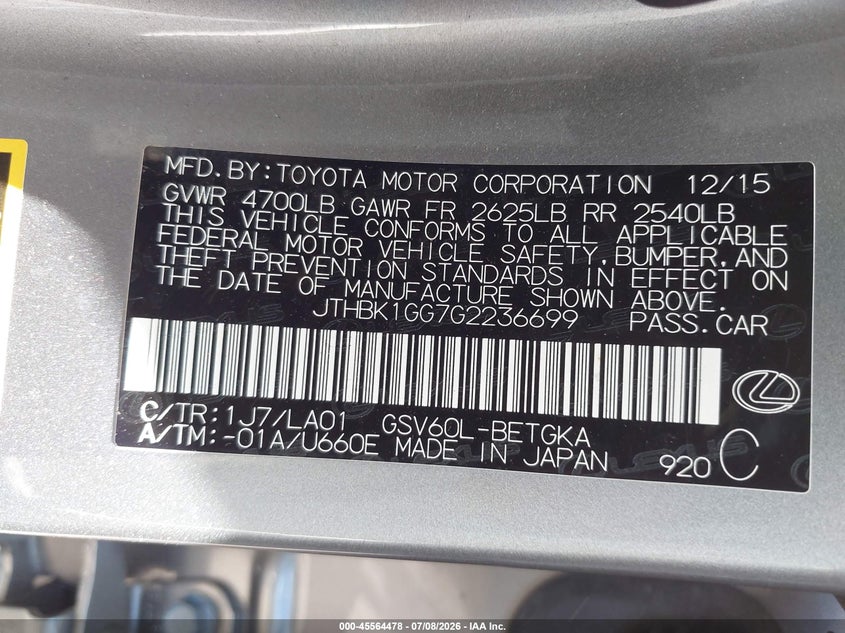 2016 Lexus Es 350 VIN: JTHBK1GG7G2236699 Lot: 45564478