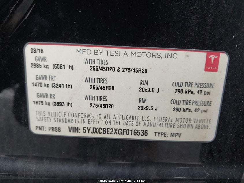 2016 Tesla Model X 60D/70D/75D/90D/P100D VIN: 5YJXCBE2XGF016536 Lot: 45564483
