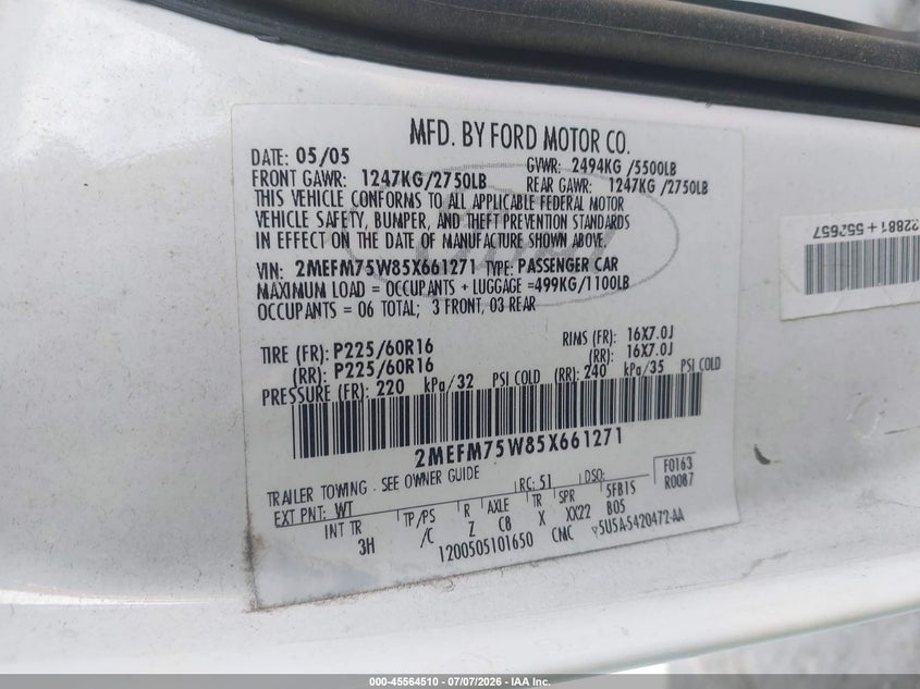2005 Mercury Grand Marquis Ls/Lse VIN: 2MEFM75W85X661271 Lot: 45564510