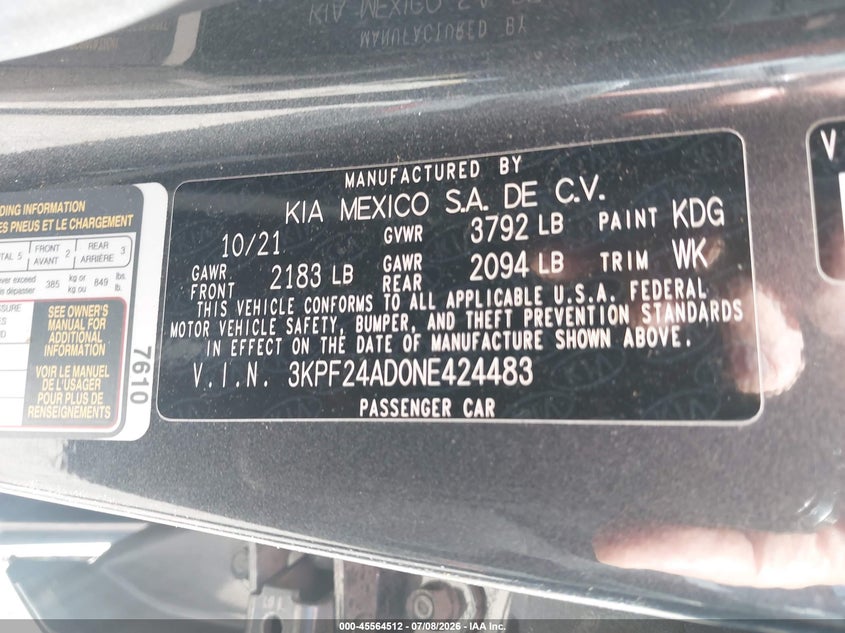 KIA FORTE 2022 VIN 3KPF24AD0NE424483
