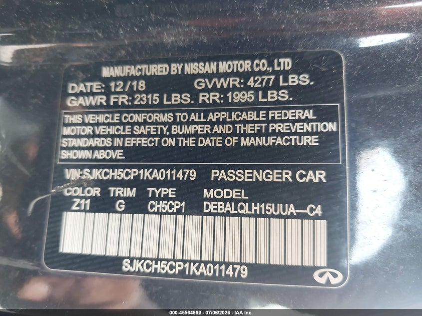 2019 Infiniti Qx30 Luxe VIN: SJKCH5CP1KA011479 Lot: 45564552