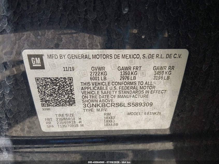 2020 Chevrolet Blazer Fwd 2Lt VIN: 3GNKBCRS6LS589309 Lot: 45564568