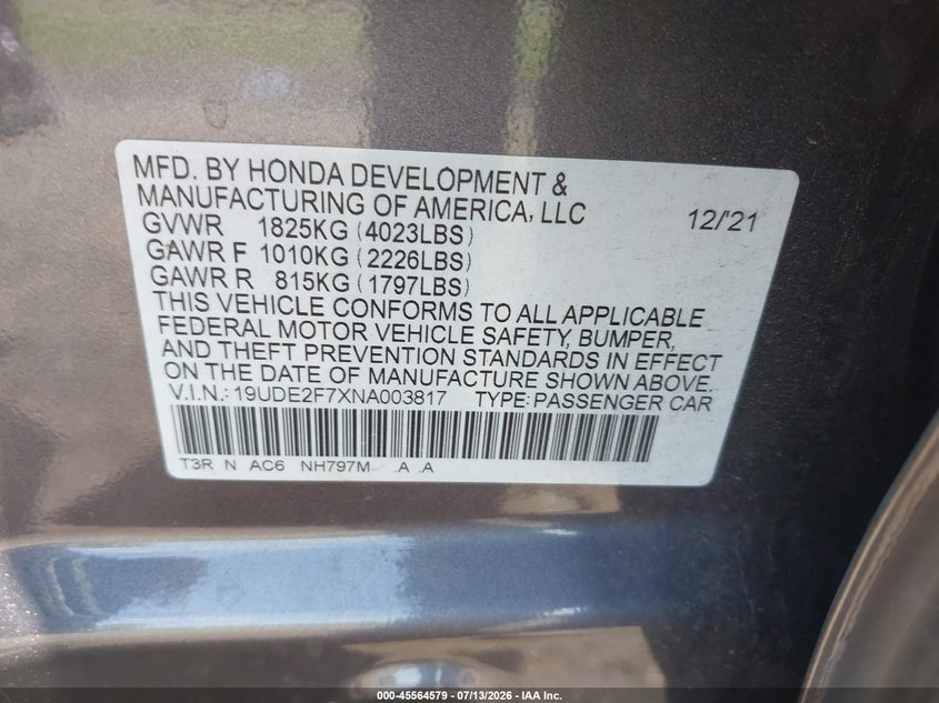 2022 Acura Ilx Premium Package VIN: 19UDE2F7XNA003817 Lot: 45564579