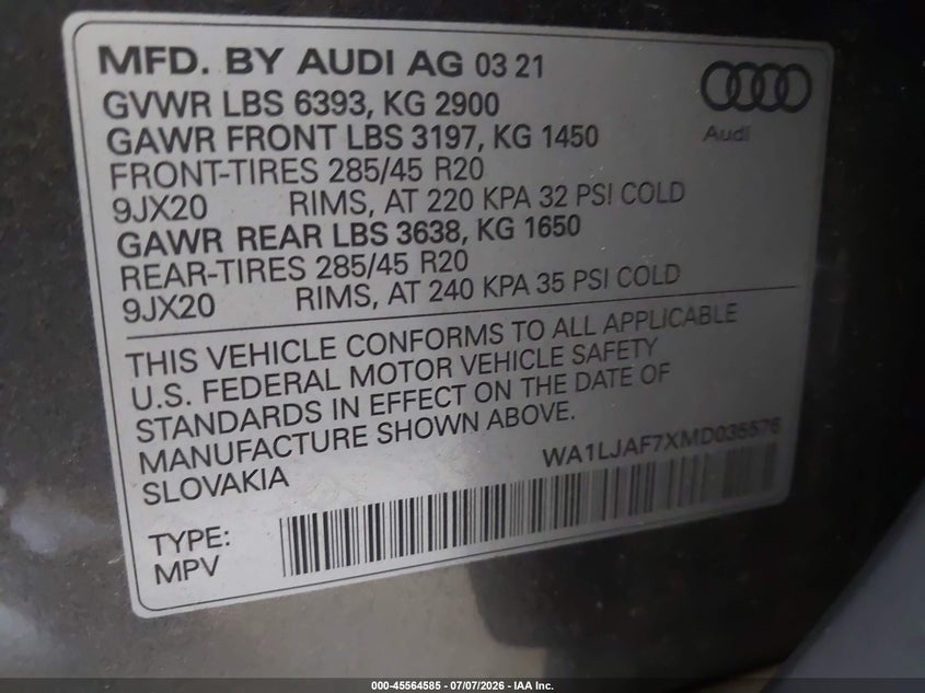 2021 Audi Q7 Premium Plus 45 Tfsi Quattro Tiptronic VIN: WA1LJAF7XMD035576 Lot: 45564585