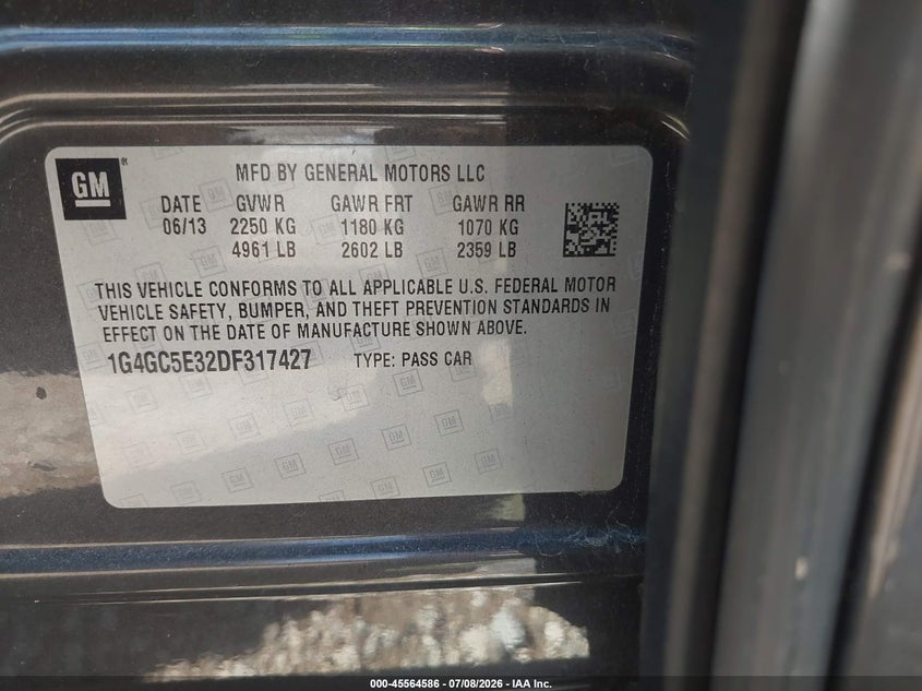 BUICK LACROSSE 2013 VIN 1G4GC5E32DF317427