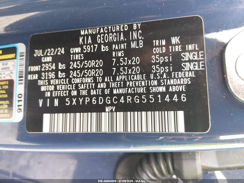 2024 Kia Telluride S VIN: 5XYP6DGC4RG551446 Lot: 45564596