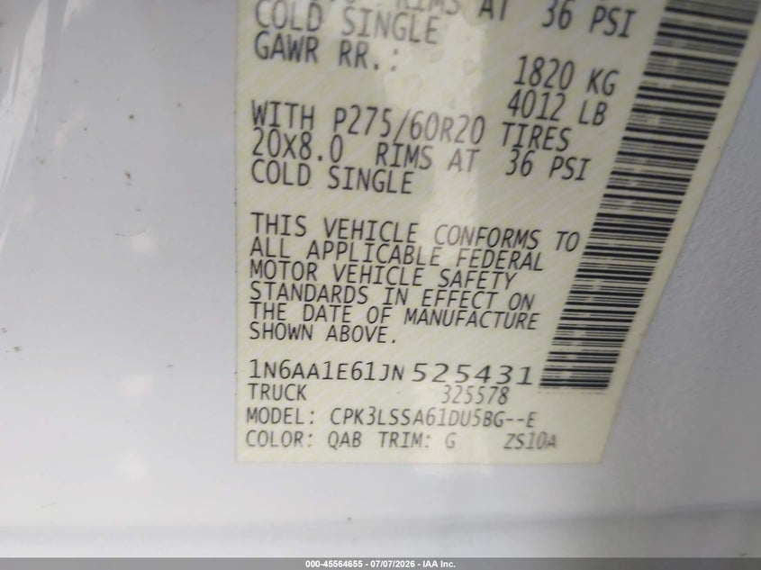 2018 Nissan Titan Sv VIN: 1N6AA1E61JN525431 Lot: 45564655