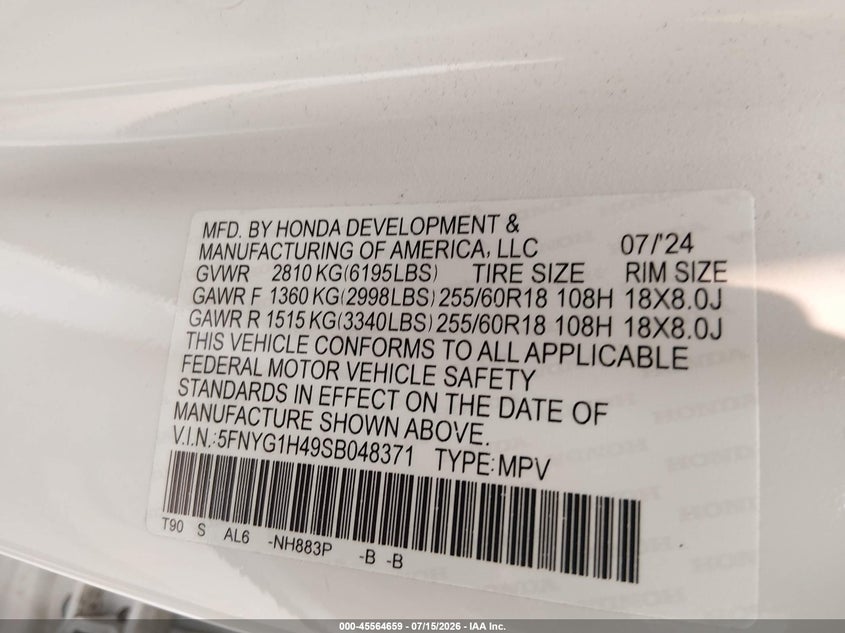 HONDA PILOT 2025 VIN 5FNYG1H49SB048371