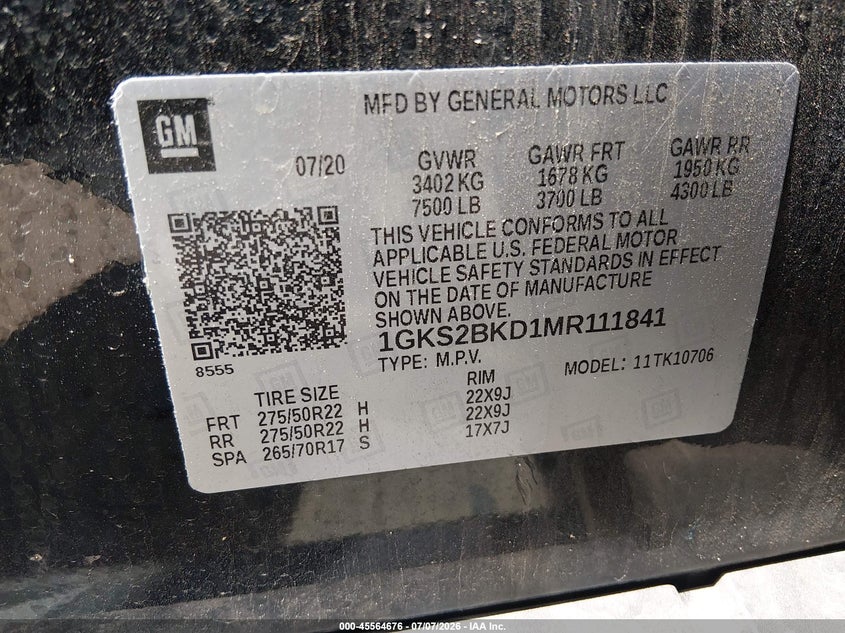 2021 GMC Yukon 4Wd Slt VIN: 1GKS2BKD1MR111841 Lot: 45564676
