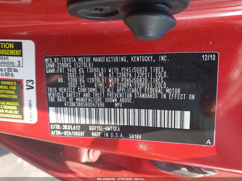 2011 Toyota Venza Base V6 VIN: 4T3BK3BB5BU047896 Lot: 45564752