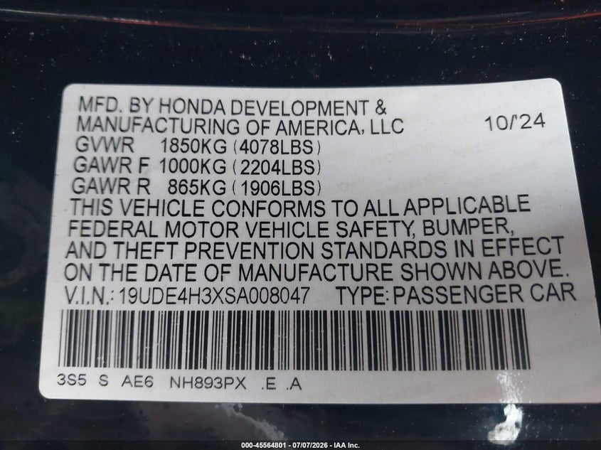 2025 Acura Integra A-Spec VIN: 19UDE4H3XSA008047 Lot: 45564801