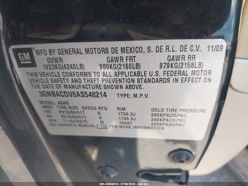 2010 Chevrolet Hhr Lt VIN: 3GNBACDV8AS548214 Lot: 45564816