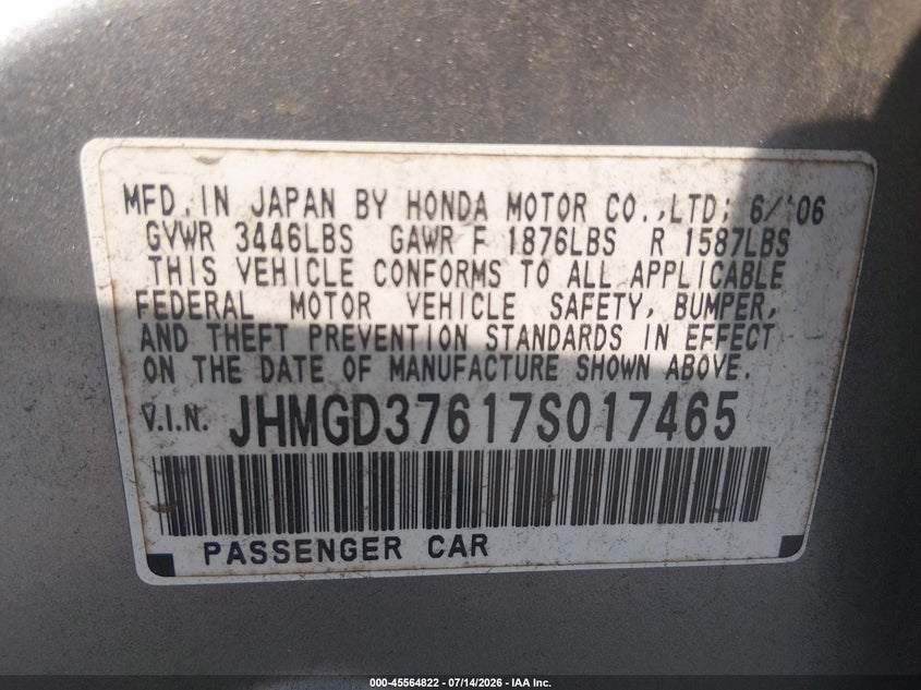 2007 Honda Fit Sport VIN: JHMGD37617S017465 Lot: 45564822