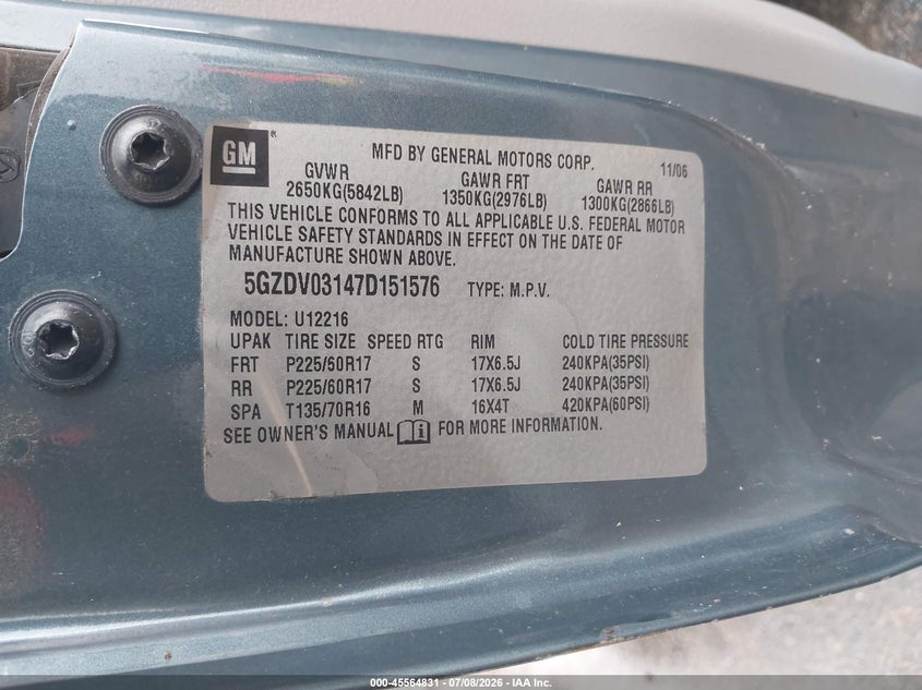 2007 Saturn Relay 2 VIN: 5GZDV03147D151576 Lot: 45564831