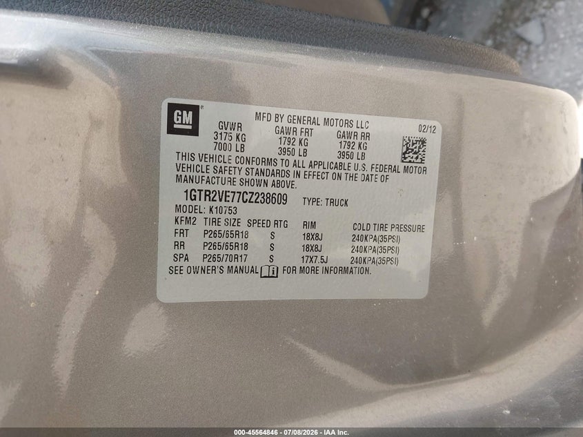 2012 GMC Sierra 1500 Sle VIN: 1GTR2VE77CZ238609 Lot: 45564846