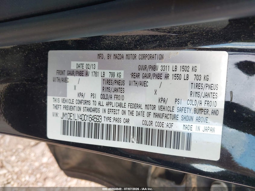 2013 Mazda Mazda2 Touring VIN: JM1DE1LY4D0164593 Lot: 45564849