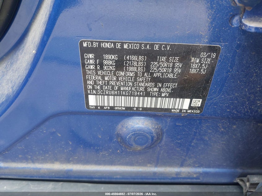 HONDA HR-V 2019 VIN 3CZRU6H11KG719441