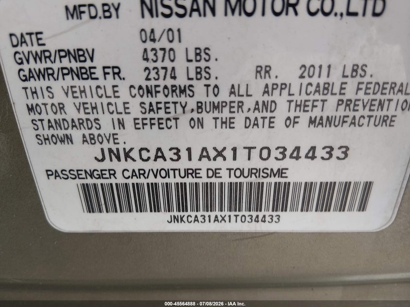 2001 Infiniti I30 Luxury VIN: JNKCA31AX1T034433 Lot: 45564888