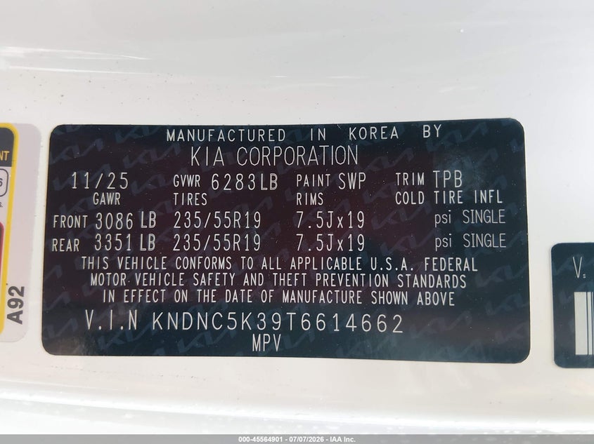 2026 Kia Carnival Mpv Ex VIN: KNDNC5K39T6614662 Lot: 45564901