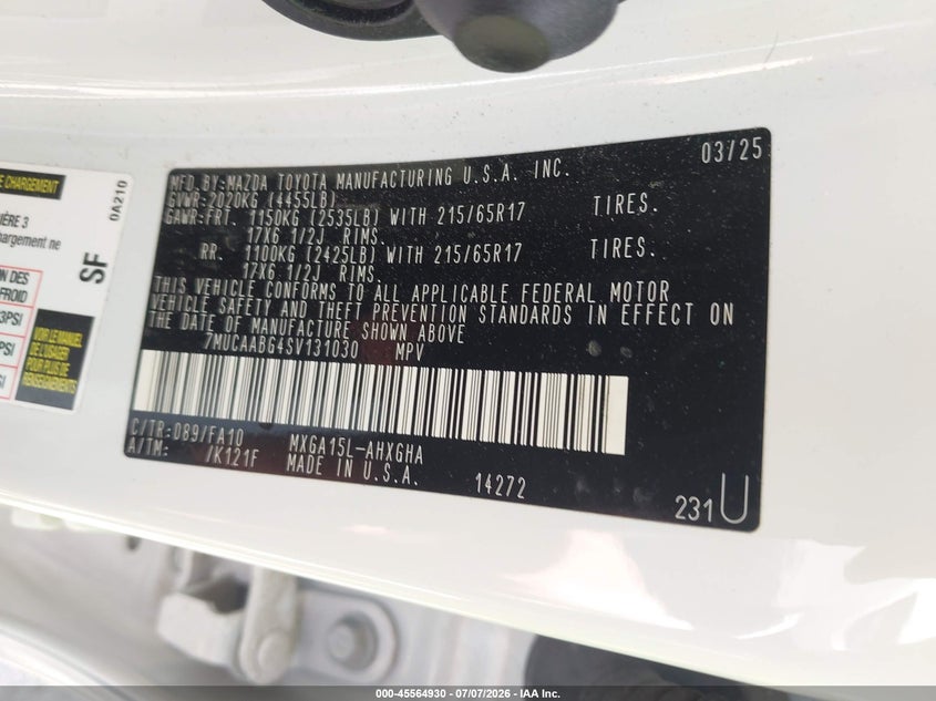 2025 Toyota Corolla Cross Le VIN: 7MUCAABG4SV131030 Lot: 45564930