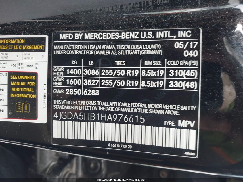 2017 Mercedes-Benz Gle 350 4Matic VIN: 4JGDA5HB1HA976615 Lot: 45564956