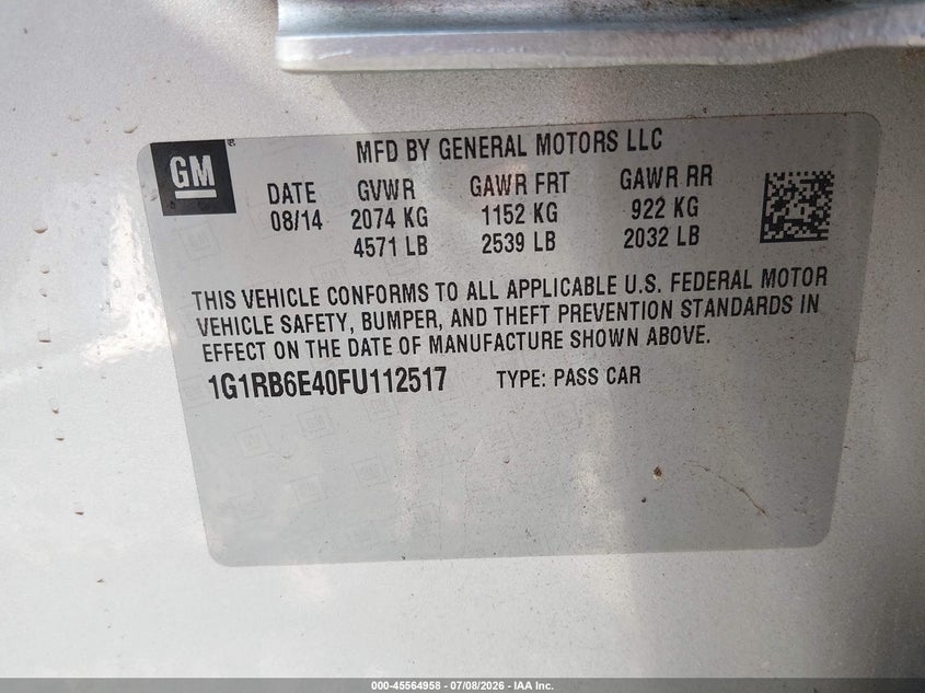 2015 Chevrolet Volt VIN: 1G1RB6E40FU112517 Lot: 45564958